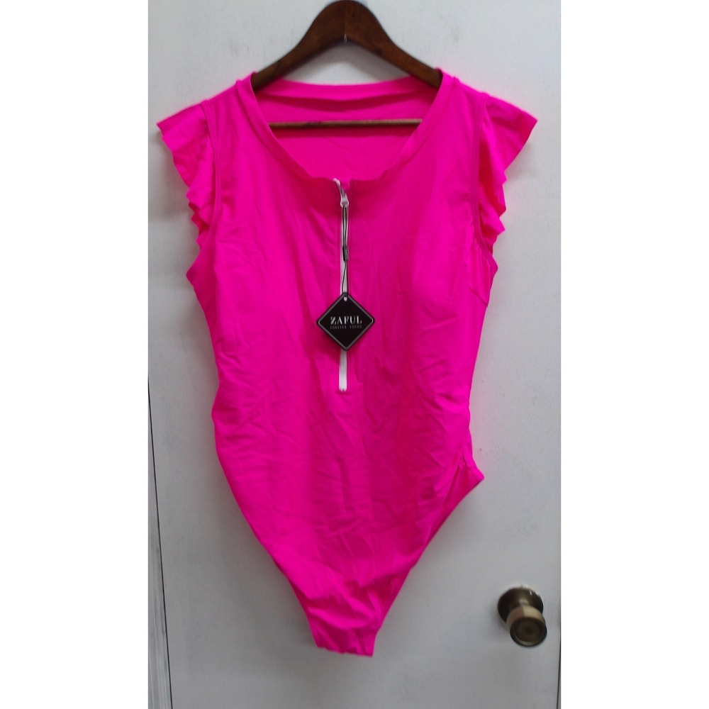 Zaful Neon Pink Ruffle Sleeve Zip Front One Piece Swimsuit 2XL / #26546